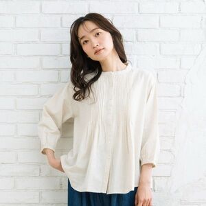 Sara Carrillo Rubio Off White Pleated Button Down Cotton Linen Blouse Sz Small